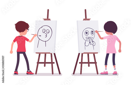 School Boy Girl Drawing Funny Picture At The Artist Easel Cute Small Children Active Young Friend School Boy Girl Drawing Funny Picture At The Artist Easel Cute Small Children Active Young Friend