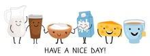 Funny Breakfast Characters. Have A Nice Day Banner Template. Vector Cute Isolated Food Set