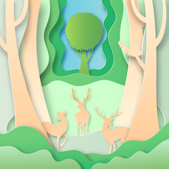 Wall Mural - Paper art of deers wildlife and green forest nature landscape template background.Vector illustration.