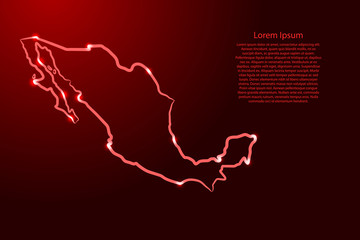 Poster - Mexico map from the contour red brush lines different thickness and glowing stars on dark background. Vector illustration.