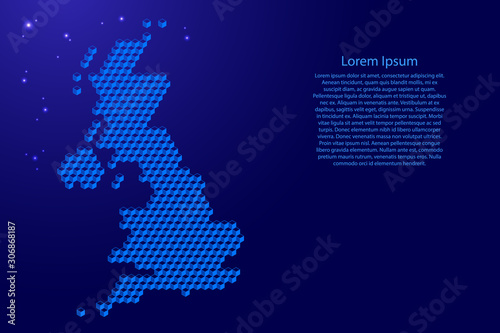 Fotografía United Kingdom map from 3D blue cubes isometric abstract concept, square pattern, angular geometric shape, glowing stars