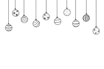 Wall Mural - Christmas and New Year background with Hanging simple outline Christmas Balls