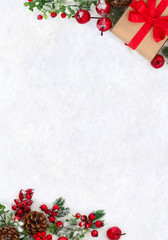 Wall Mural - christmas decoration, banner. gift box with red ribbon, bow, twigs christmas tree, red berries and a