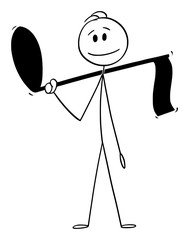 Poster - Vector cartoon stick figure drawing conceptual illustration of man holding big musical note.