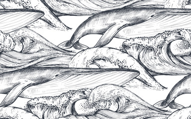  Wektorowy monochromatyczny bezszwowy wzór z ocean fala i wielorybami w nakreśleniu projektujemy.