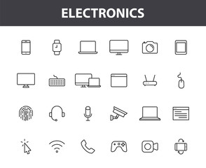 Fototapete - Set of 24 Electronics and Devices web icons in line style. Device, phone, laptop, communication, smartphone, ecommerce. Vector illustration.