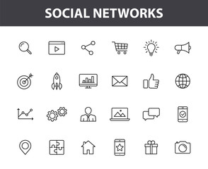 Wall Mural - set of 24 social networks web icons in line style. marketing, feedback, management, target, like, co
