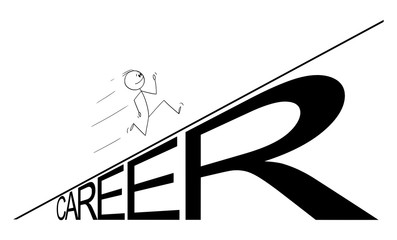 Wall Mural - Vector cartoon stick figure drawing conceptual illustration of man or businessman running up the career hill. Success or business concept.