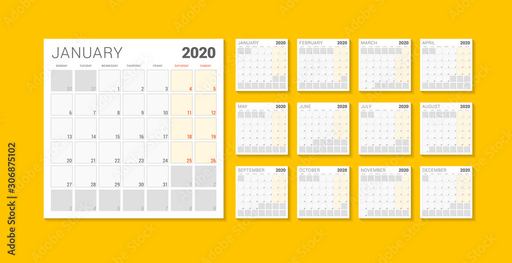 Calendar planner template for 2020 year. Week starts on Monday ...