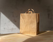Disposable bag of kraft paper on a wooden table.