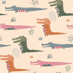 Wall Mural - Vector seamless pattern with cute funny crocodiles in abstract scandinavian style