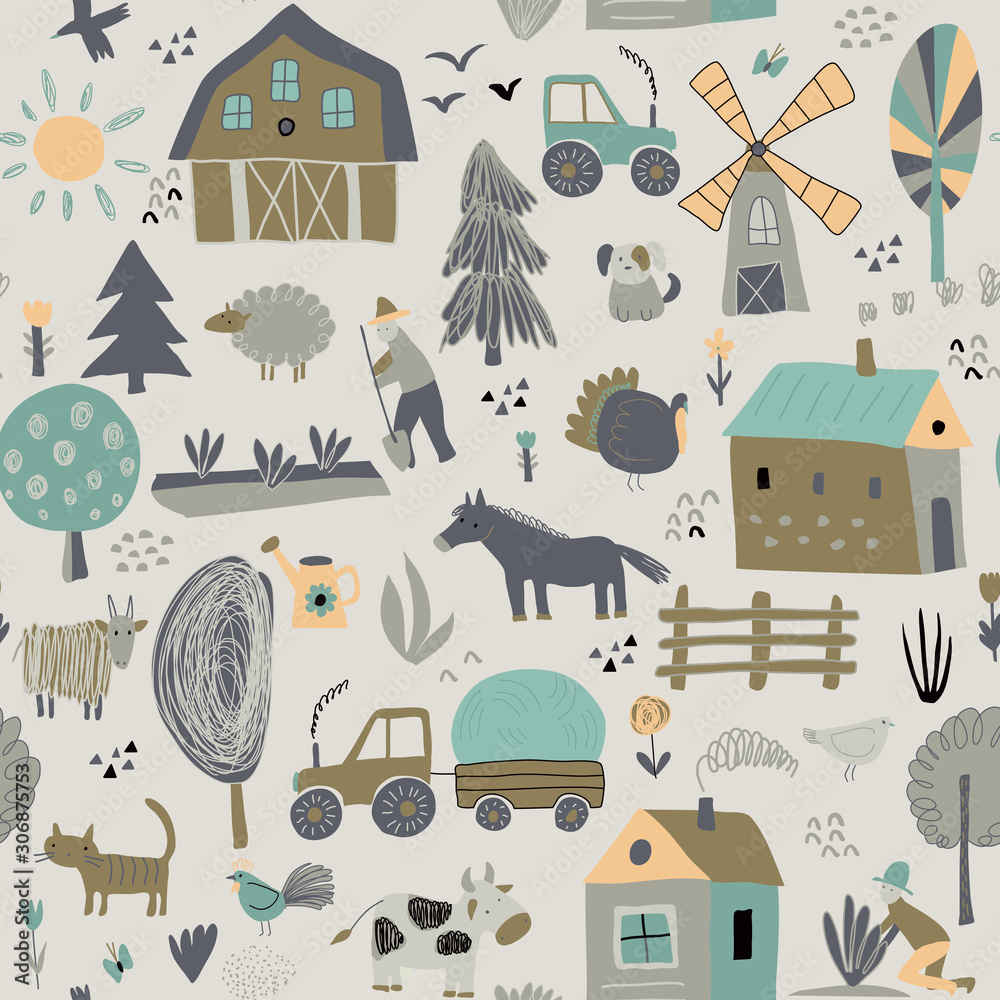 Vector seamless pattern with cute hand drawn farm animals, trees ...