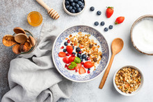 Healthy Breakfast Bowl Granola Fruits And Berries. Vegetarian Meal, Concept Of Dieting, Weight Loss, Healthy Lifestyle And Eating