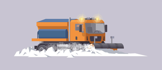 Snow plowing truck. Snow removal. Salt spreader. Vector illustration