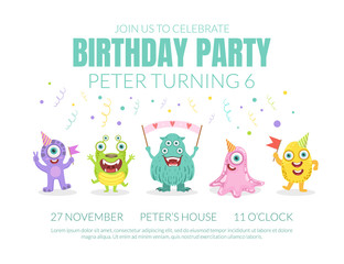 Wall Mural - Birthday invitation with cute monsters. Vector illustration.