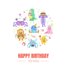 Wall Mural - Birthday card with cute monsters. Vector illustration.