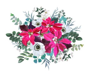 Wall Mural - Flower bouquet with poinsettia and white flowers with leaves vector illustration