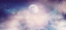 Fantastical Fantasy Background Of Magical Deep Purple Night Sky With Moon, Shining Stars And Mysterious Clouds. Idyllic Tranquil Fabulous Panoramic Scene. Photo Of Moon Is Taken By Me With My Camera.