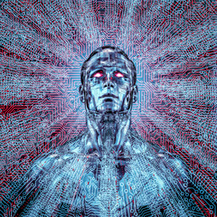 Wall Mural - artificial intelligence data storm / 3d illustration of male ai at the centre of circuit board lines