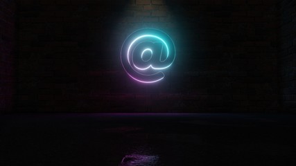 3D rendering of blue violet neon symbol of at sign icon on brick wall