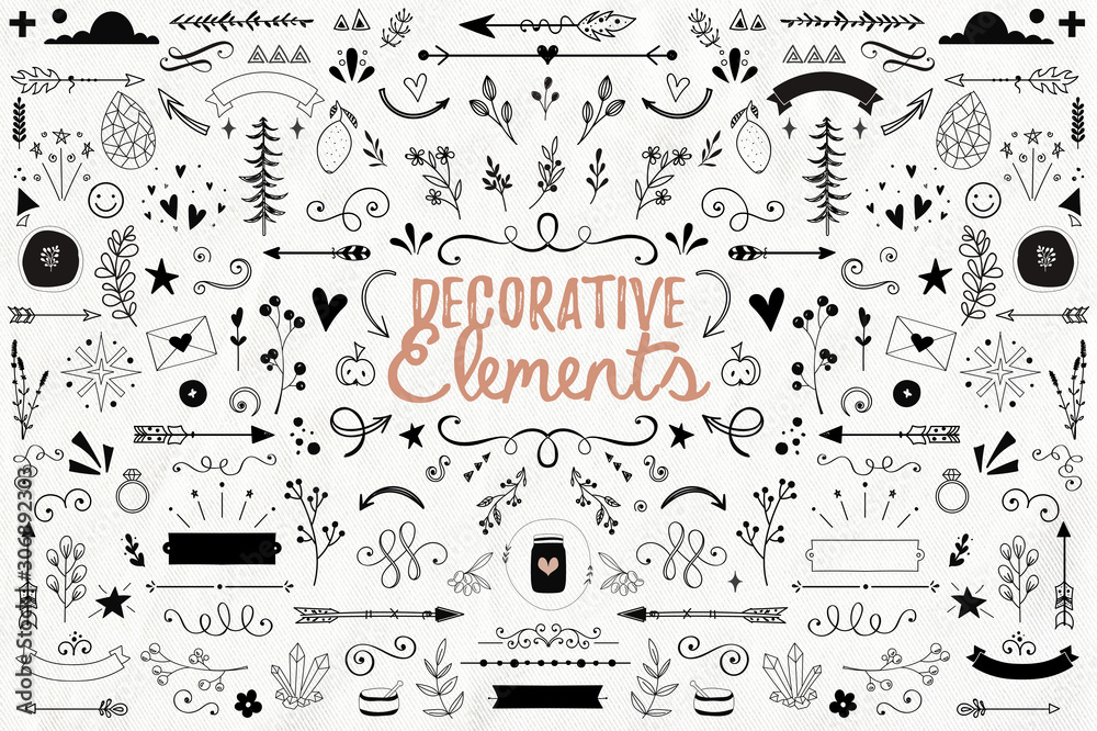 Big collection of decorative elements: banners, arrows, leaves, flowers, flourishes - obrazy, fototapety, plakaty 