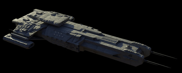 science fiction illustration of a spaceship carrier vessel, isolated on black in right side view fro