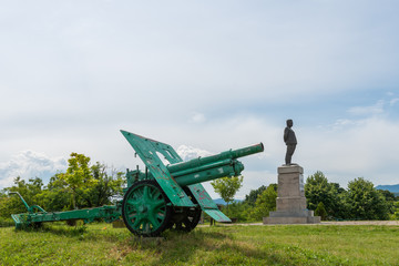 Loznica, Serbia - July 12, 2019: Monument to Stepa Stepanovic (1856-1929) in Loznica, Serbia. He was a Serbian military commander who fought in the the First and second Balkan War and World War I.