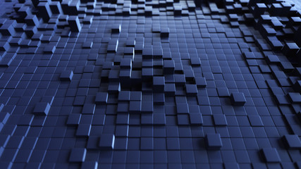 Poster - abstract wave background with a black moving cubic surface. geometric concept with random boxes or c