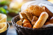 A delicious bread and bakery basket fo a healthy breakfast