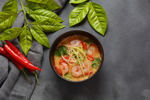 Laksa Soup – A Malaysian Coconut Curry Soup With Shrimps Over Rice Noodles Topped With Fresh Bean Spouts,cucumber, Lime, Red Chili Pepper And Cilantro