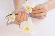 © Victoriia - Beautiful soft woman hands with light manicure hand care and spa relaxing white orchid