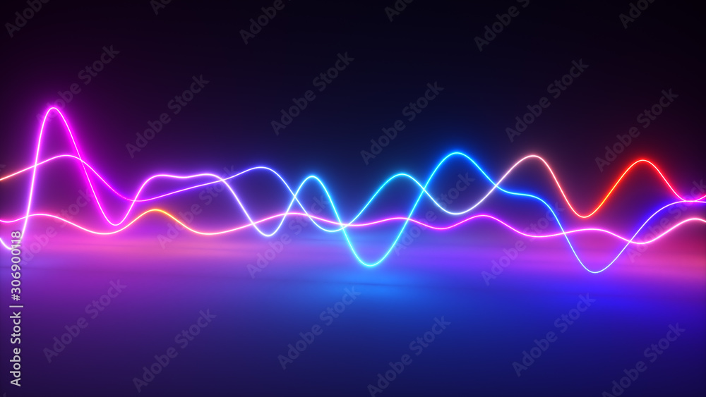 Colorful bright neon glowing graphic equalizer. Ultraviolet signal spectrum, laser show, energy, sound vibrations and waves. 3d illustration - obrazy, fototapety, plakaty 