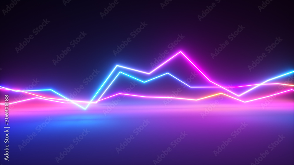 Bright colorful glowing neon lines. Abstract musical equalizer background, graph, diagram, drawing, curve, chart. Modern ultraviolet blue purple color cpectrum.3d illustration - obrazy, fototapety, plakaty 