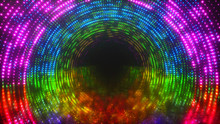 Bright Light Tunnel Of Luminous Multi-colored Dots And A Reflective Metal Scratched Texture Floor. Light Tunnel Stage For Your Video Backgrounds, Concert Visual Performance. 3d Illustration