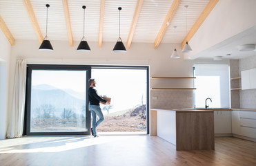 Wall Mural - Mature man with moving box standing by patio door in unfurnished house.