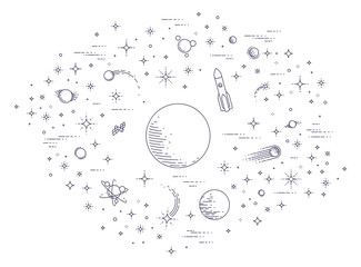 fantastic galaxy with unknown weird undiscovered planets with stars, rockets and other elements. exp