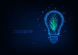 Futuristic sustainable energy concept with glowing low poly green leaf inside of electric light bulb