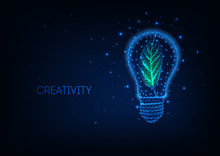 Futuristic Sustainable Energy Concept With Glowing Low Poly Green Leaf Inside Of Electric Light Bulb