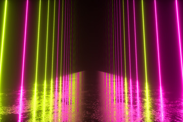 Poster - endless corridor with neon lines tending up. metal reflective scratched floor. 3d illustration. mode