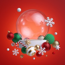 3d Glass Ball Decorated With Christmas Ornaments, Isolated On Red Background. Blank Mockup, Empty Space, Poster Mockup. Green Balls, Crystal Stars, Candy Cane, Snowflakes. Seasonal Festive Clip Art