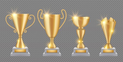 gold trophy. realistic golden award cups collection. shine trophies isolated on transparent backgrou