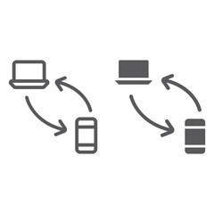 Fototapete - Data transferring from laptop to smartphone line and glyph icon, technology and transfer, synchronization sign, vector graphics, a linear pattern on a white background.