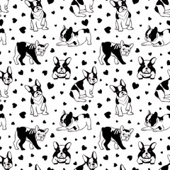 Dogs pattern. French bulldog seamless texture. Vector pets background. Black and white dogs isolated on white background. Illustration french bulldog pattern, wallpaper and background animal