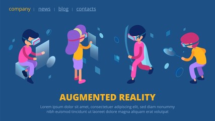 Poster - VR concept. Augmented reality technology web page. Isometric vector characters with VR glasses. Virtual cyberspace augmented, technology reality web isometric illustration