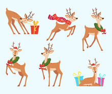 Christmas Deer. Cute Fairytale Animal Reindeer In Cartoon Style Vector Action Poses. Illustration Deer Christmas, Animal Reindeer Set