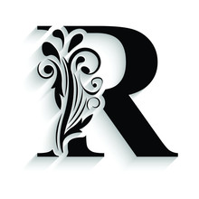 Letter R. Black Flower Alphabet.  Beautiful Capital Letters With Shadow