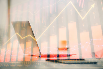 Aufkleber - Multi exposure of chart and financial info and work space with computer background. Concept of international online trading.