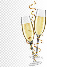 Two Glasses Of Champagne With Ribbon, Isolated On Transparent Background.
