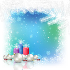 Wall Mural - Abstract blue white background with Christmas decorations and candles