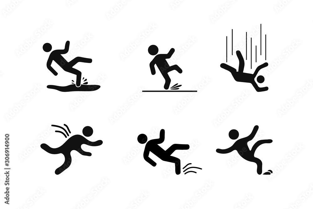 Set of Caution symbols with figure man falling. Wet floor, tripping on stairs, fall down from ladder. Workplace safety - obrazy, fototapety, plakaty 